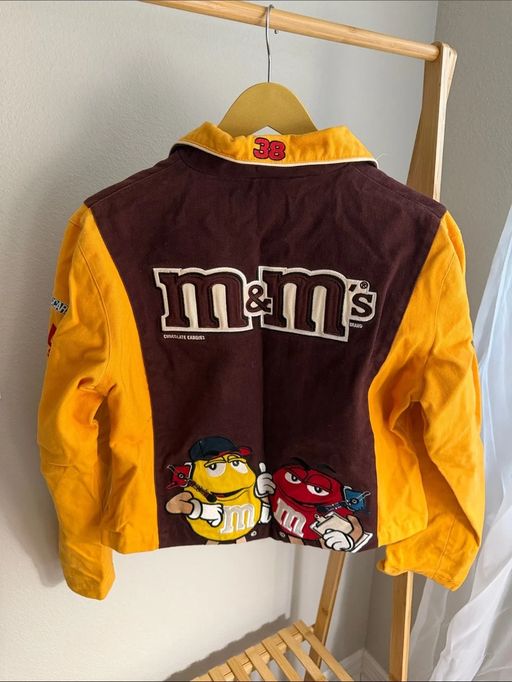 M&M'S Colorblock Racing Jean Jacket in Brown & Yellow with Candy Patch